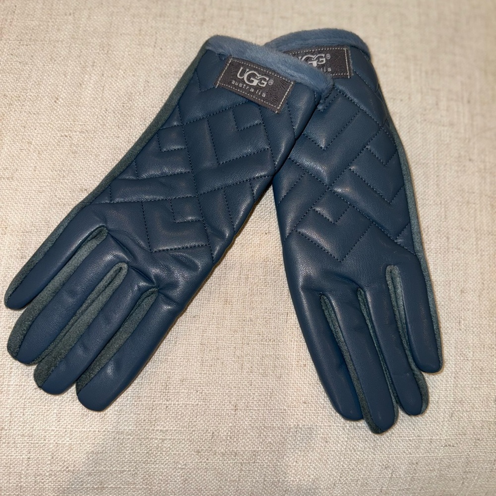 UGG Men's Quilted Blue Leather Gloves